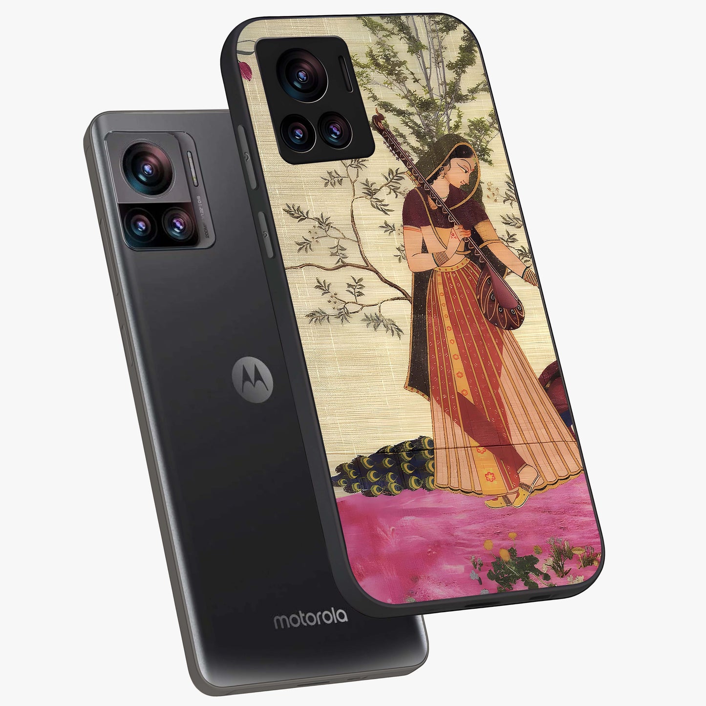Lady With Veena Art Glass Case displayed in angled mockup highlighting graceful musical illustration with cultural artistic aesthetic.