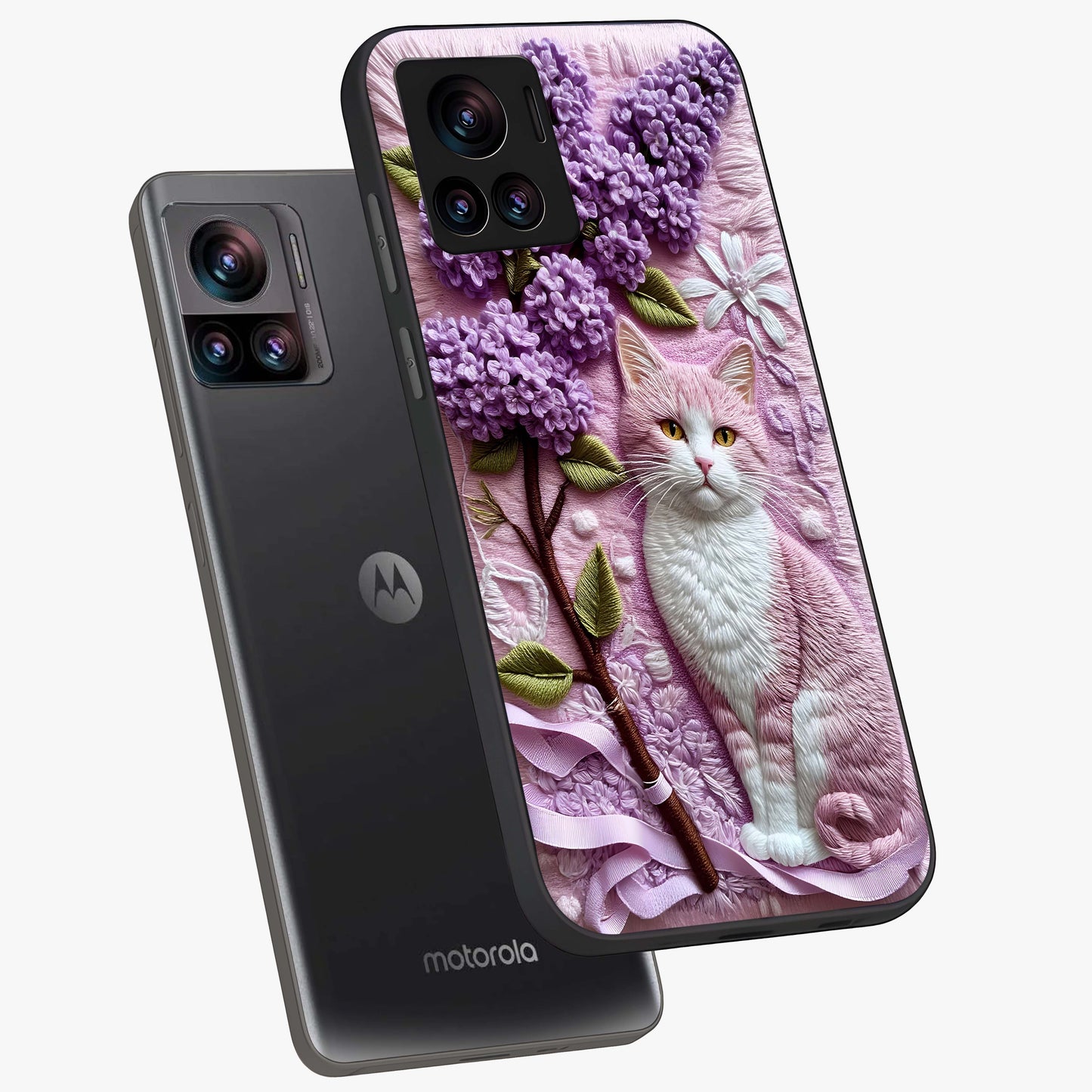 Lavender Cat Whimsy Glass Case displayed in angled mockup highlighting playful feline illustration with pastel lavender aesthetic.