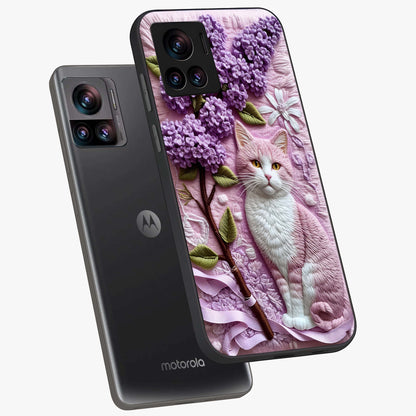 Lavender Cat Whimsy Glass Case displayed in angled mockup highlighting playful feline illustration with pastel lavender aesthetic.