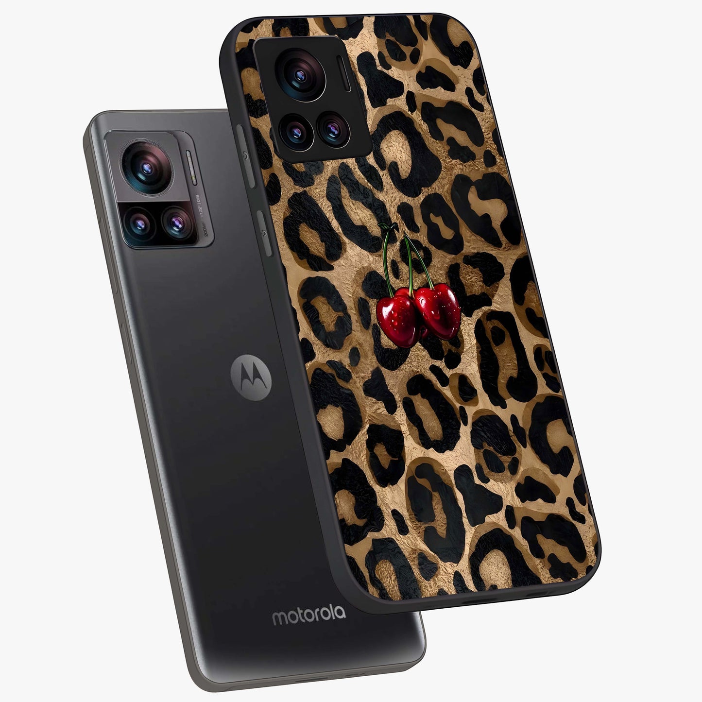 Leopard Wild Cherry Glass Case displayed in angled mockup highlighting bold animal print design with playful cherry aesthetic.