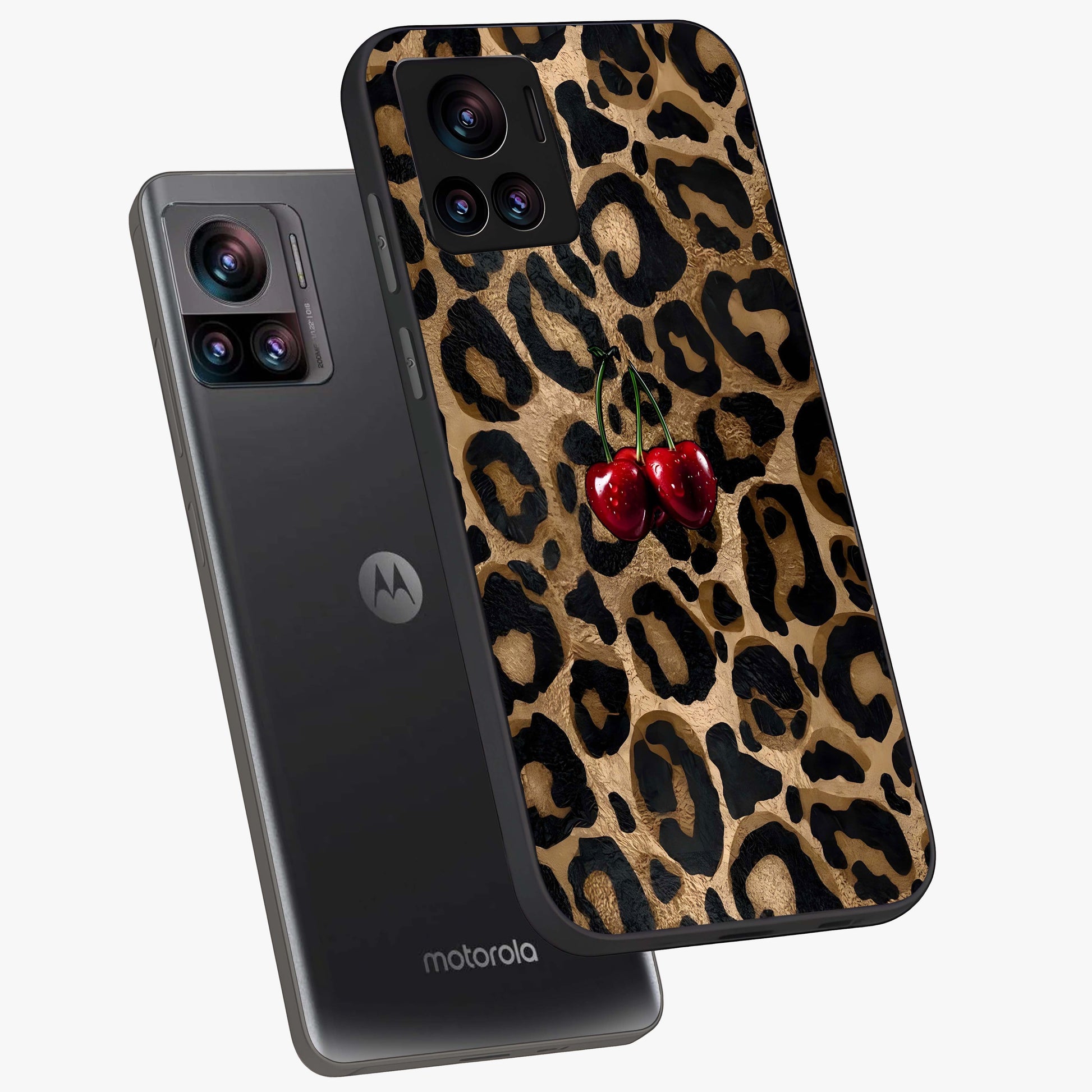 Leopard Wild Cherry Glass Case displayed in angled mockup highlighting bold animal print design with playful cherry aesthetic.