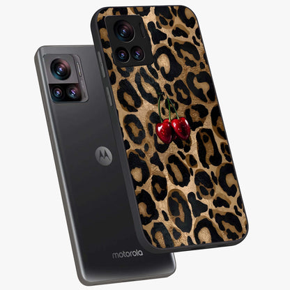 Leopard Wild Cherry Glass Case displayed in angled mockup highlighting bold animal print design with playful cherry aesthetic.