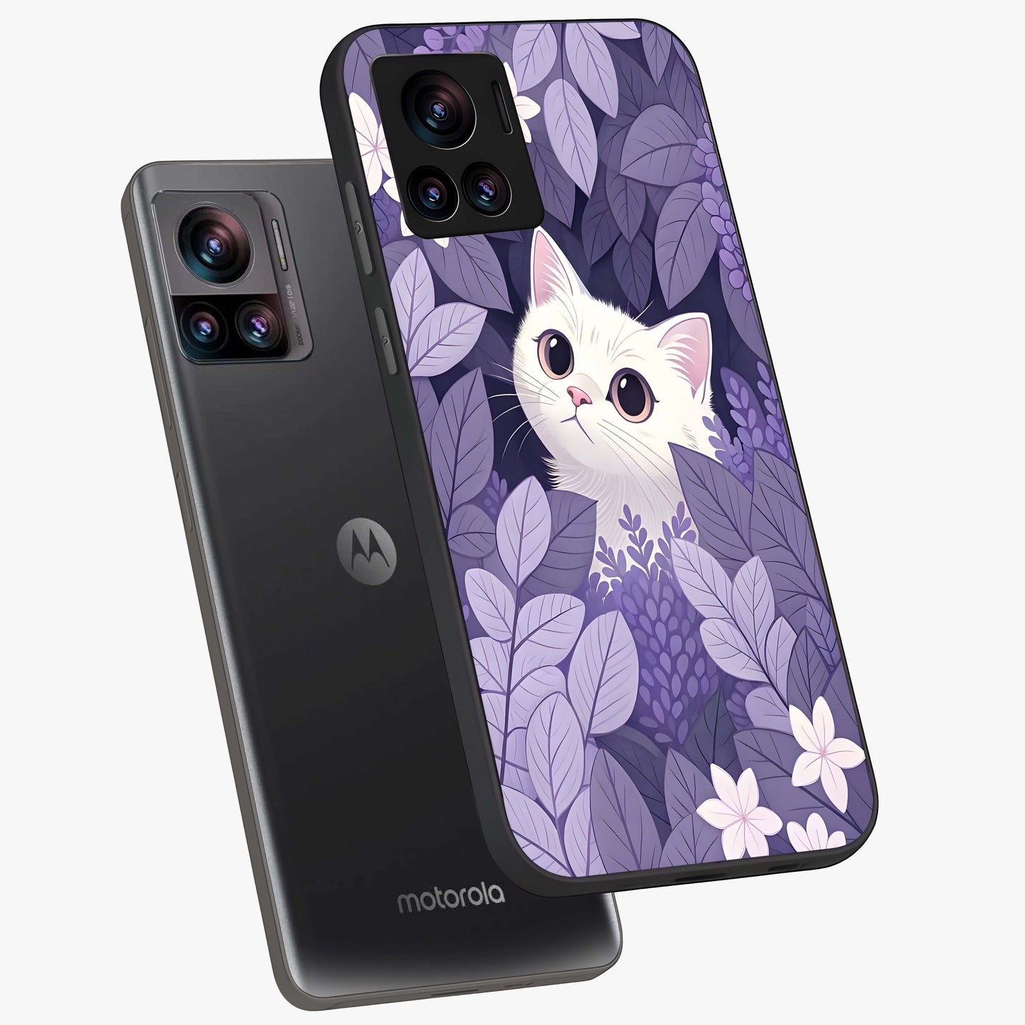 Lilac Hide Peek Cat Glass Case displayed in angled mockup highlighting playful feline illustration with lilac aesthetic design.