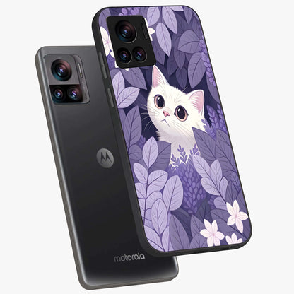 Lilac Hide Peek Cat Glass Case displayed in angled mockup highlighting playful feline illustration with lilac aesthetic design.