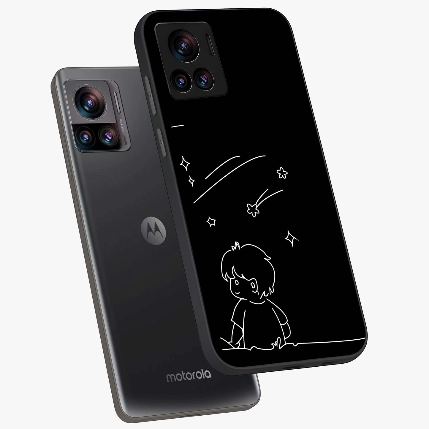 Line Art Boy With Shooting Stars Glass Case displayed in angled mockup highlighting elegant line art design with dreamy star aesthetic.