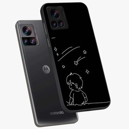 Line Art Boy With Shooting Stars Glass Case displayed in angled mockup highlighting elegant line art design with dreamy star aesthetic.