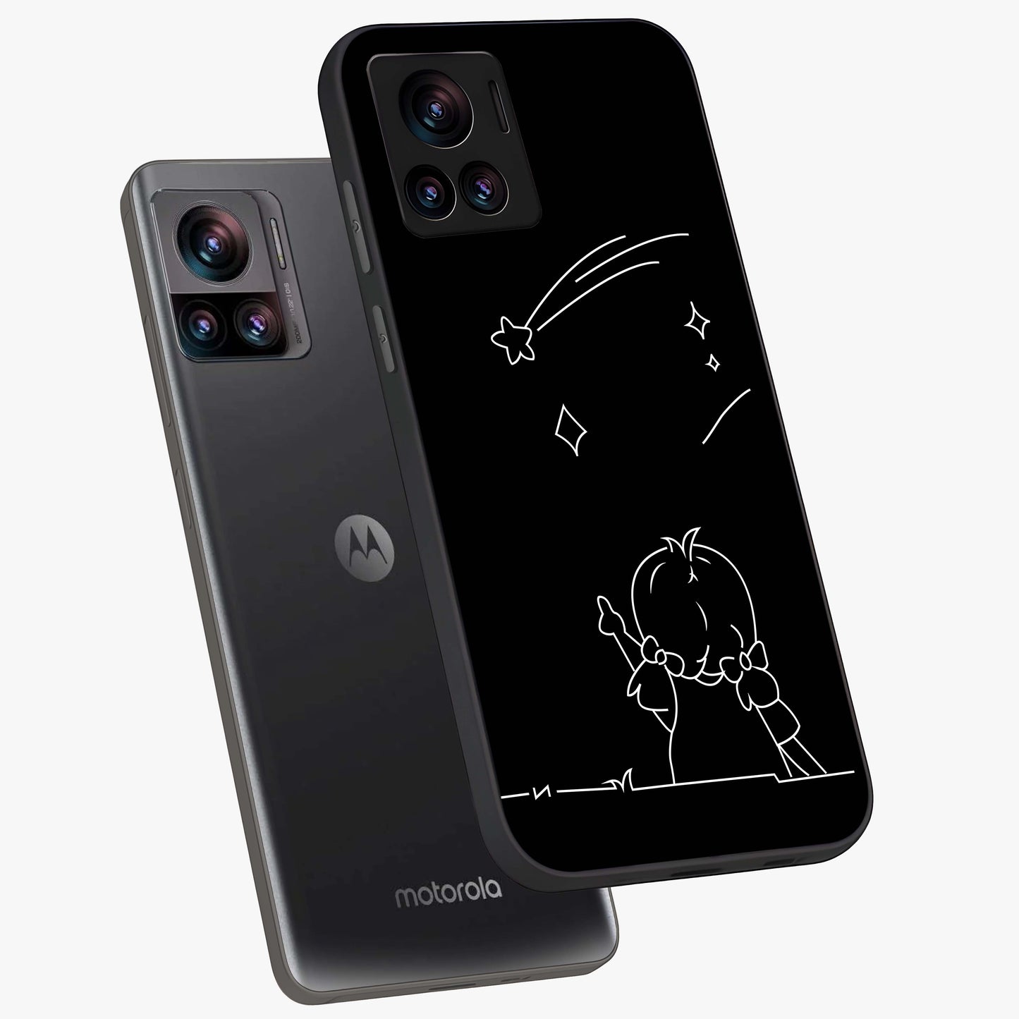 Line Art Girl With Shooting Stars Glass Case displayed in angled mockup highlighting elegant line art design with dreamy star aesthetic.