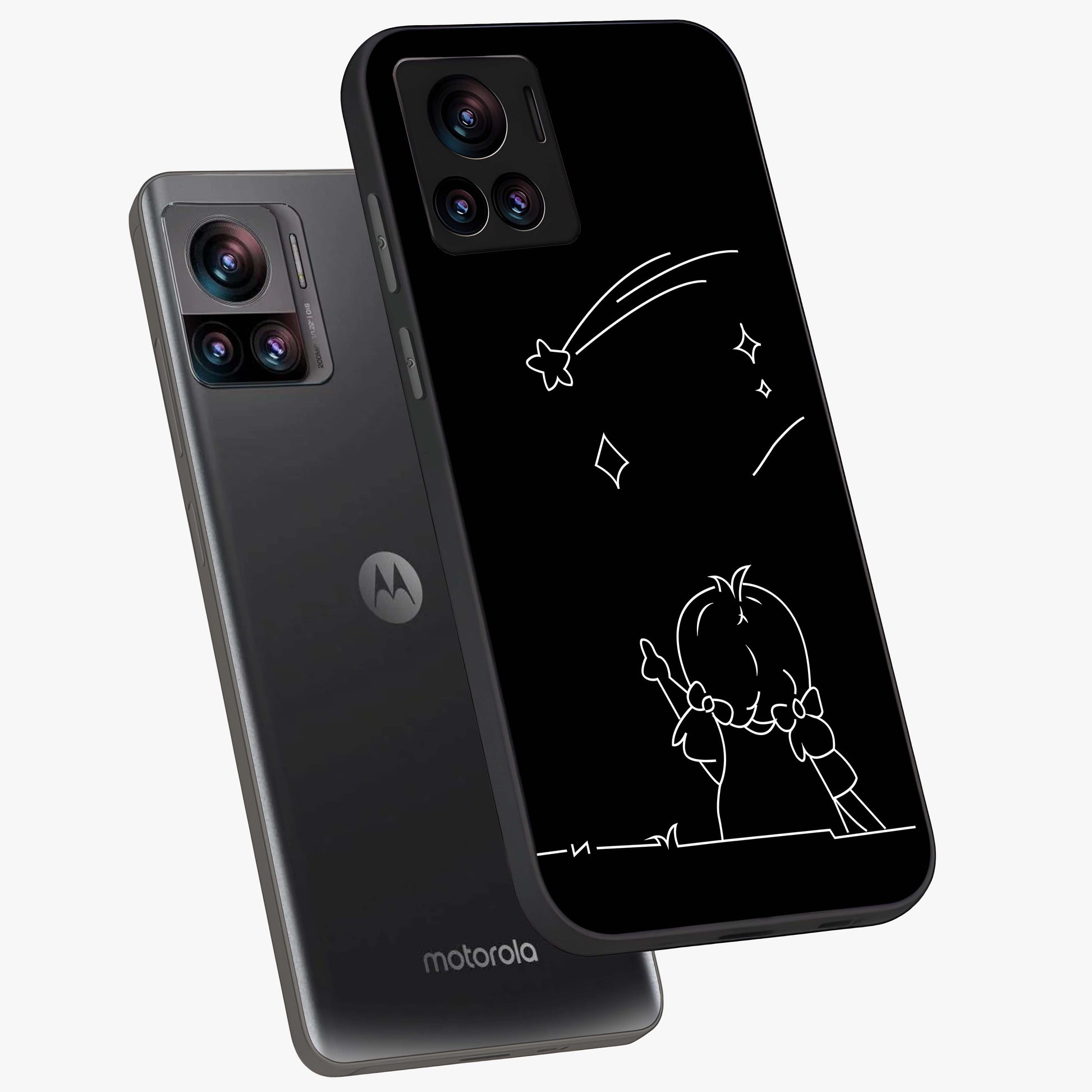 Line Art Girl With Shooting Stars Glass Case displayed in angled mockup highlighting elegant line art design with dreamy star aesthetic.