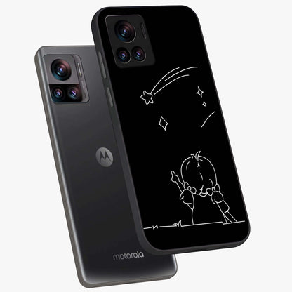 Line Art Girl With Shooting Stars Glass Case displayed in angled mockup highlighting elegant line art design with dreamy star aesthetic.