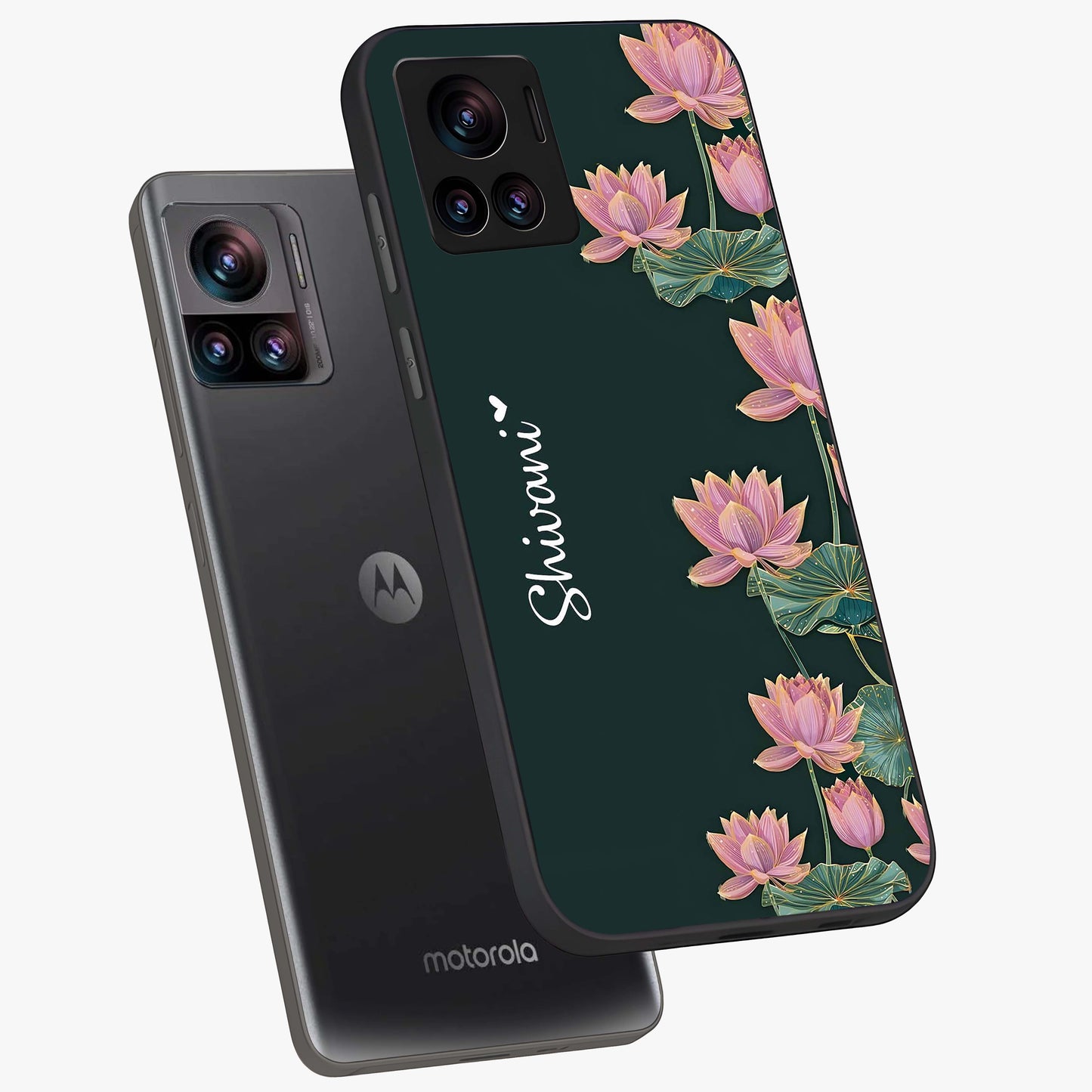 Lotus Bloom Serenity Custom Name Glass Case displayed in angled mockup highlighting graceful lotus illustration with custom name feature.