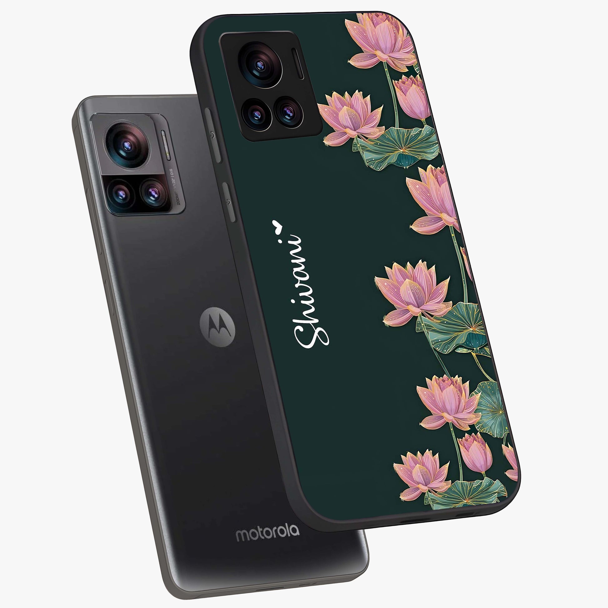Lotus Bloom Serenity Custom Name Glass Case displayed in angled mockup highlighting graceful lotus illustration with custom name feature.
