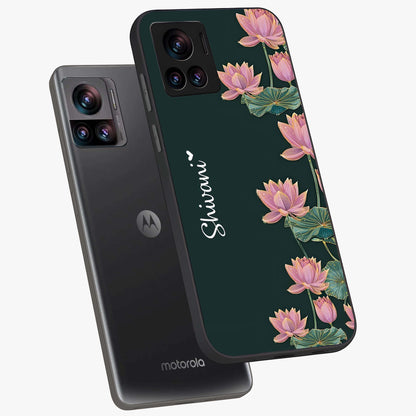 Lotus Bloom Serenity Custom Name Glass Case displayed in angled mockup highlighting graceful lotus illustration with custom name feature.