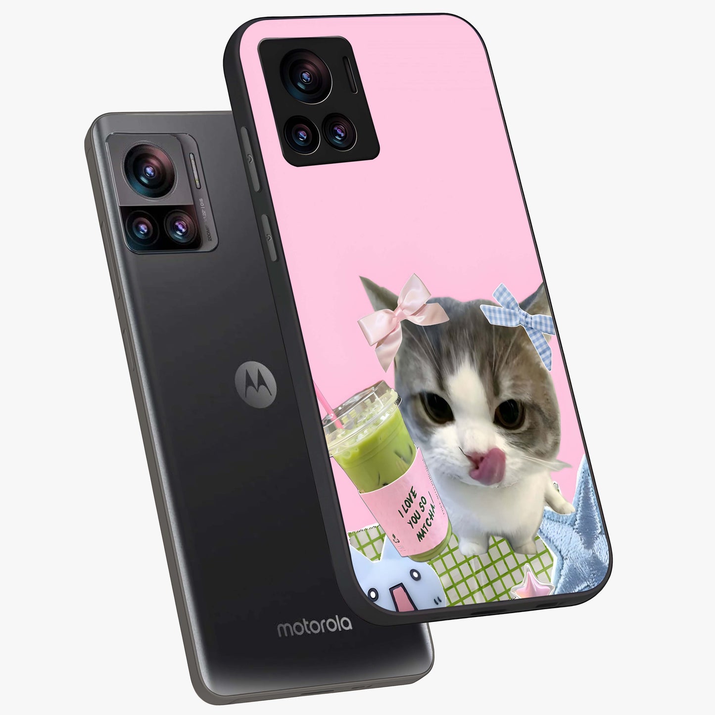 Love Matcha Cat Glass Case displayed in angled mockup highlighting playful feline illustration with cozy matcha aesthetic.