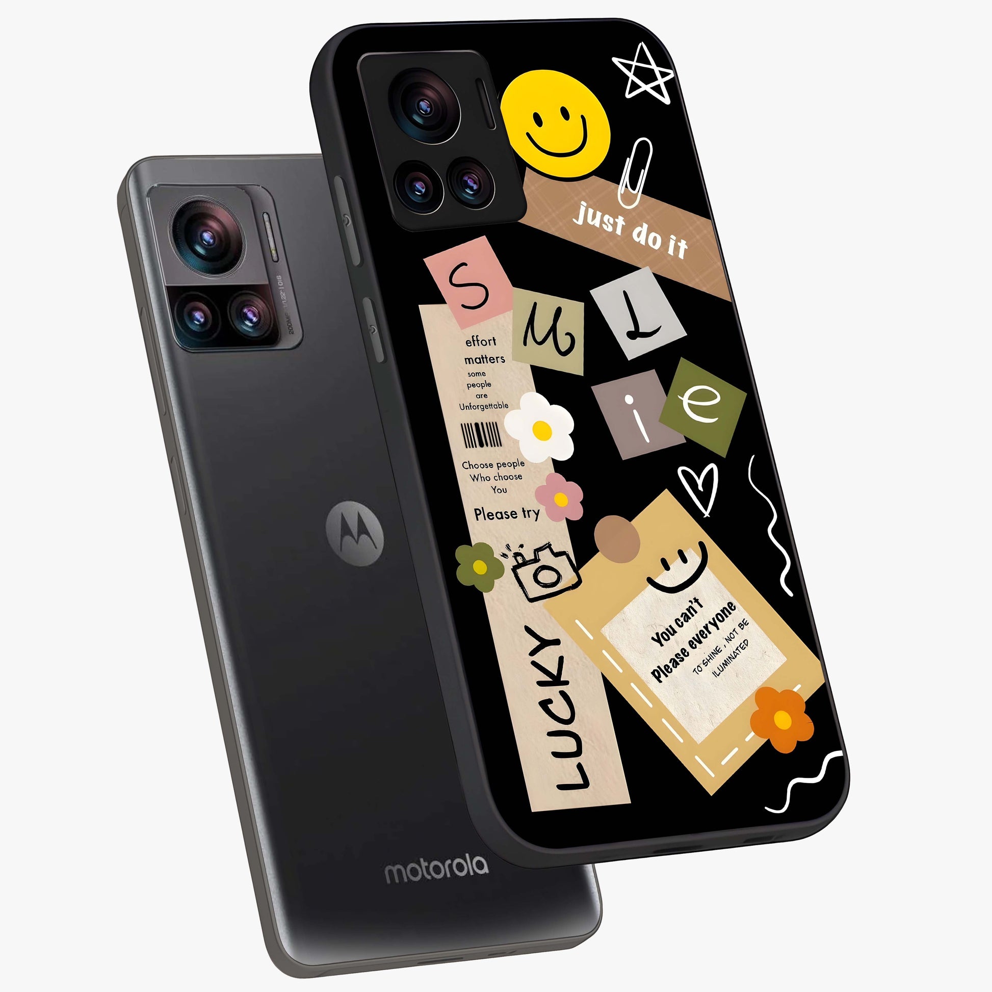 Lucky Aesthetic Collage Glass Case displayed in angled mockup highlighting stylish collage pattern with modern aesthetic vibe.