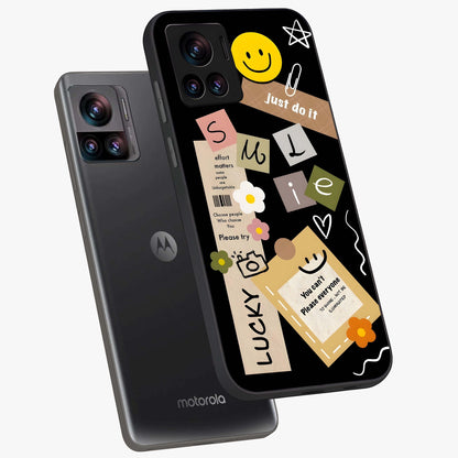 Lucky Aesthetic Collage Glass Case displayed in angled mockup highlighting stylish collage pattern with modern aesthetic vibe.