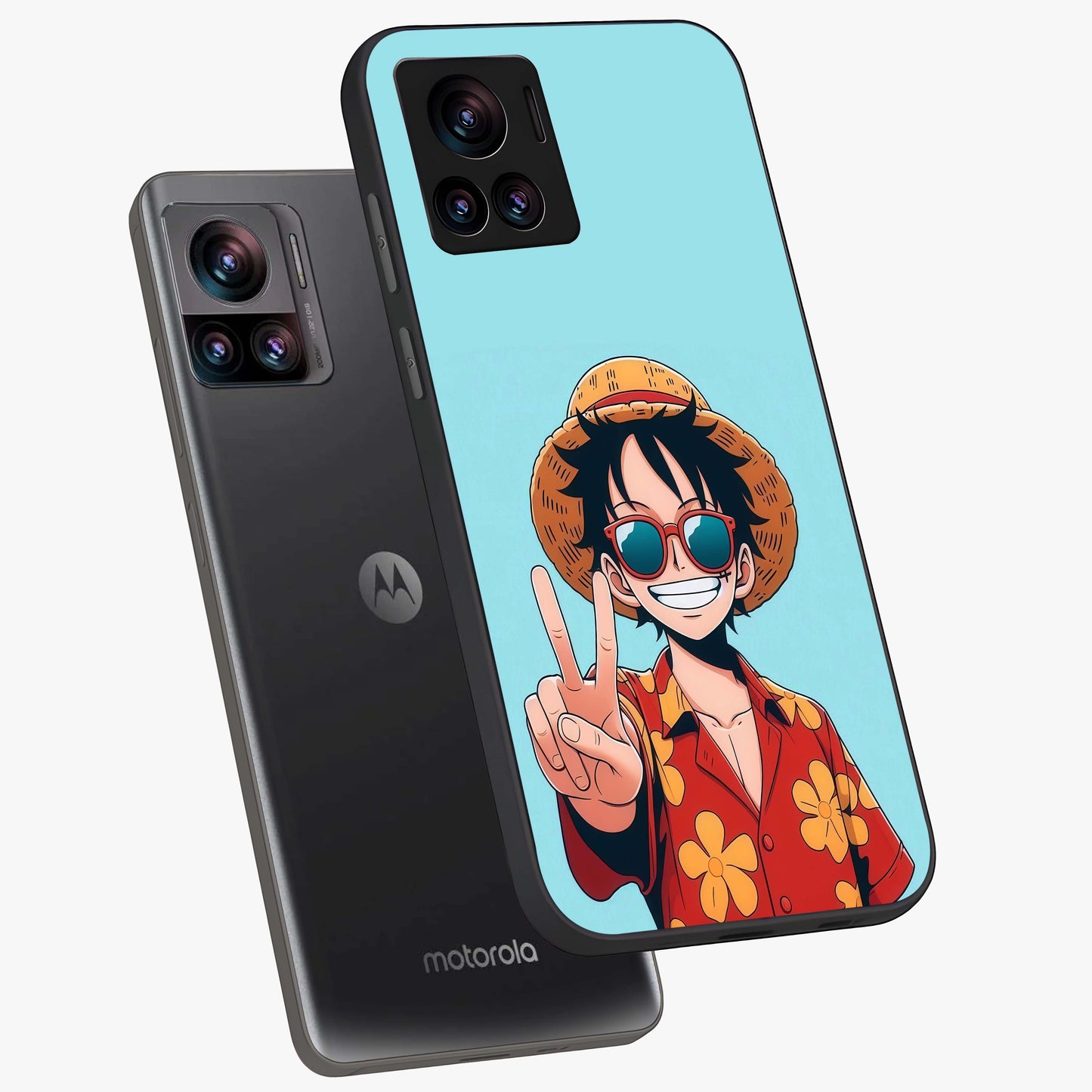 Luffy Summer Anime Vibe Glass Case displayed in angled mockup highlighting energetic anime illustration with summer vibe aesthetic.
