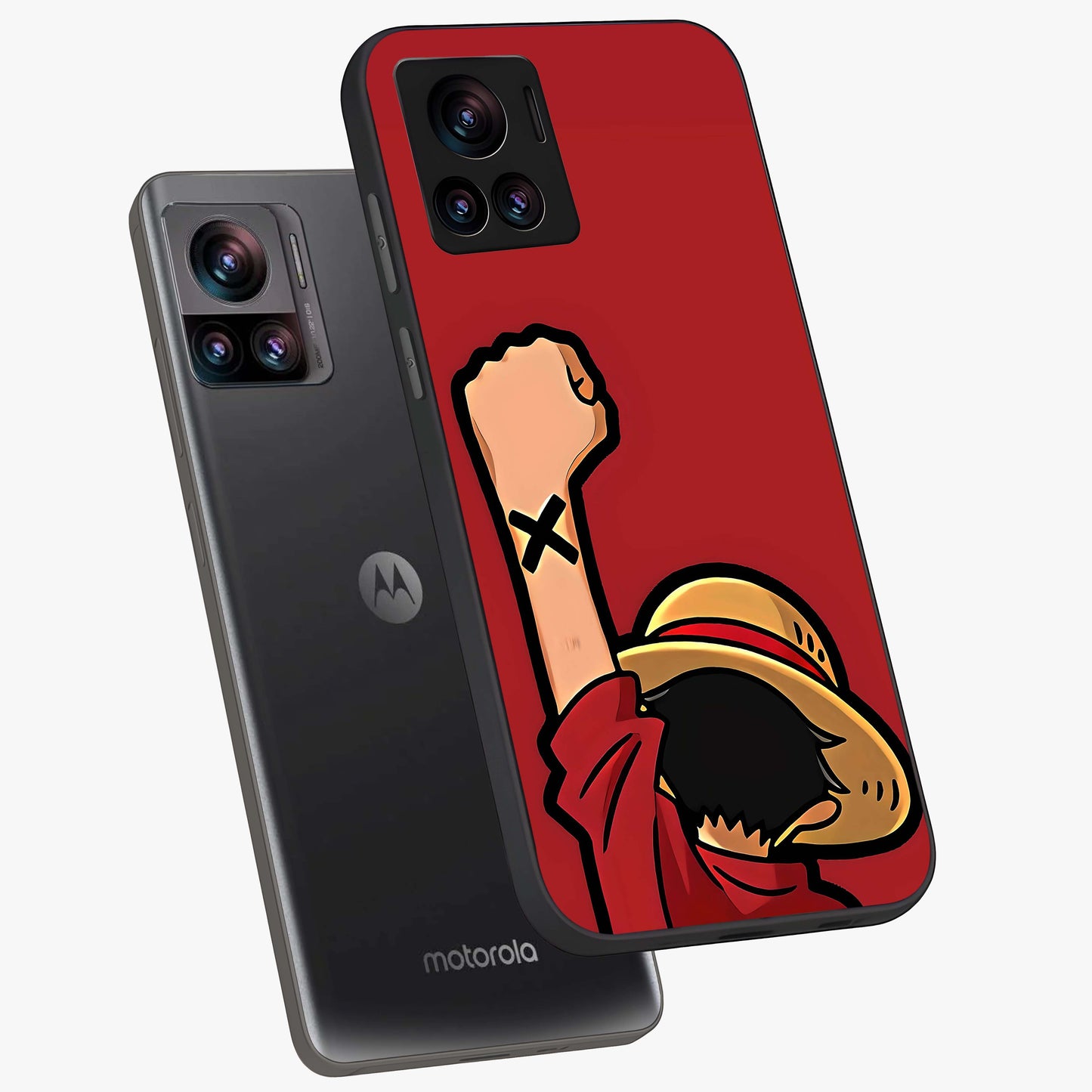 Luffy X Spirit Glass Case displayed in angled mockup highlighting powerful anime design with energetic action aesthetic.