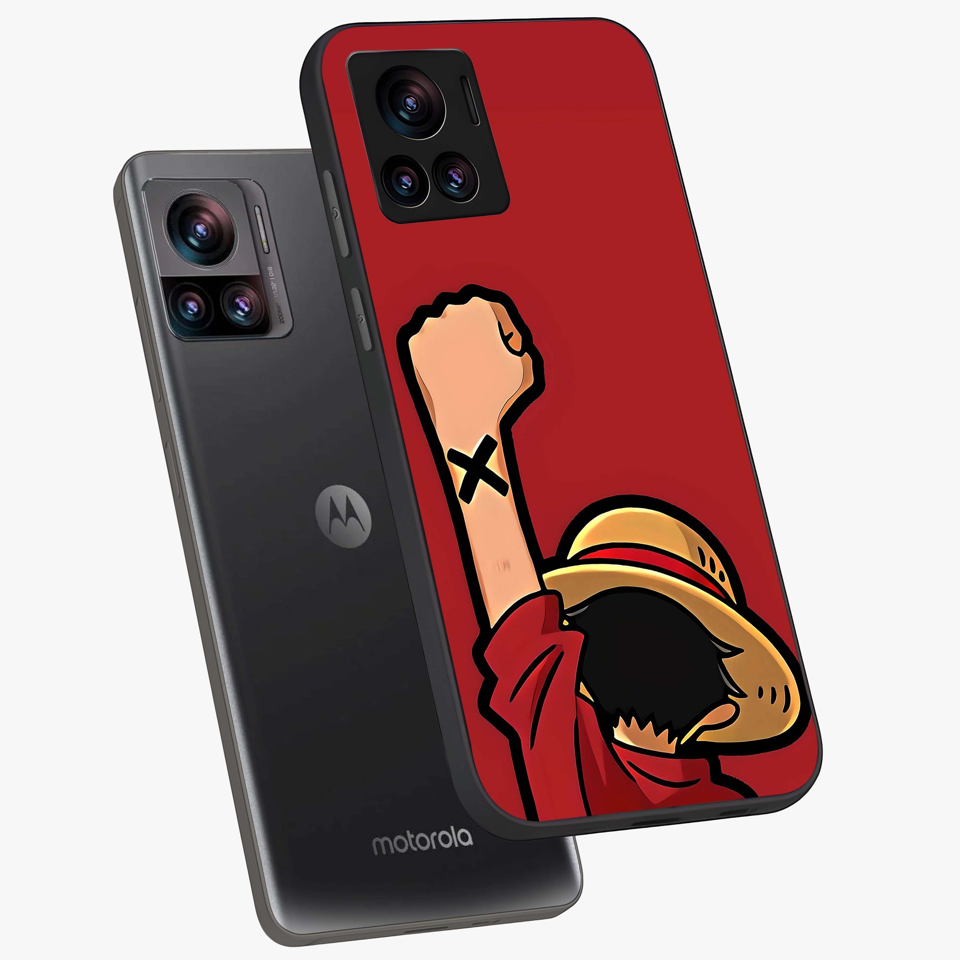 Luffy X Spirit Glass Case displayed in angled mockup highlighting powerful anime design with energetic action aesthetic.