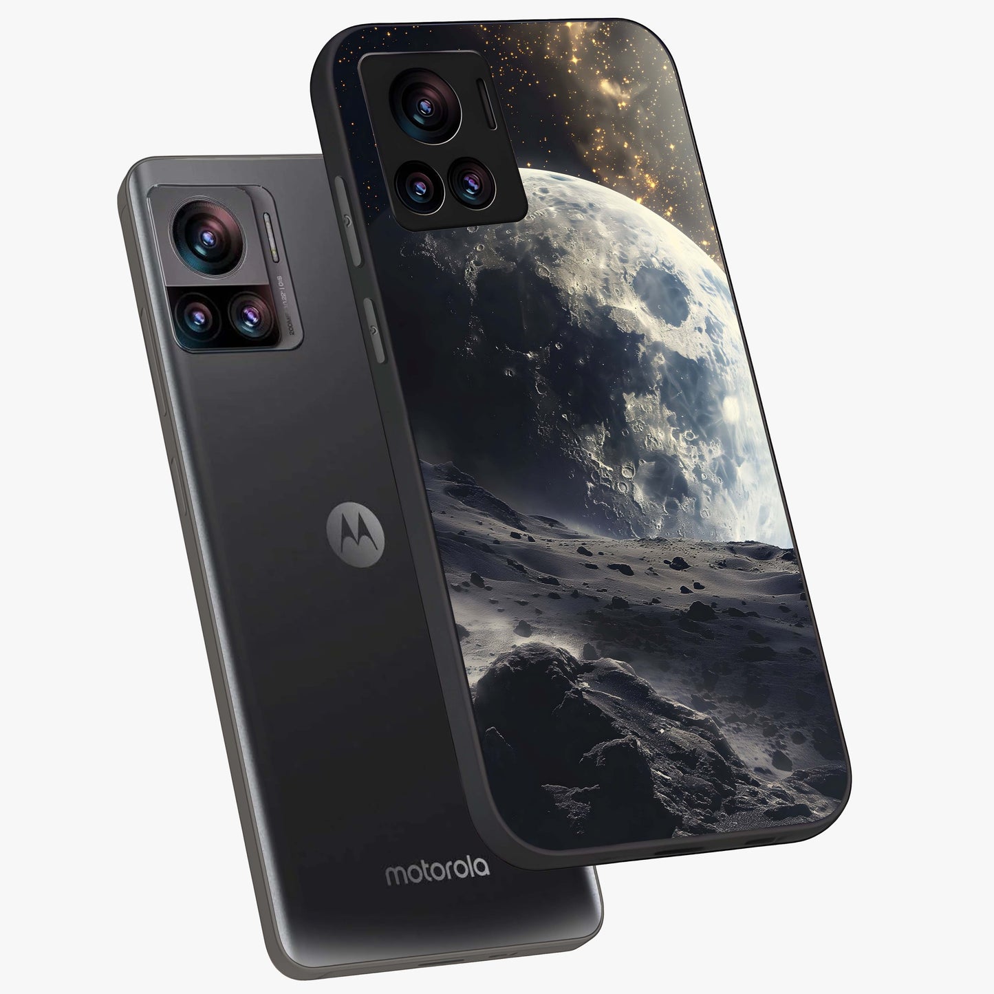 Lunar Horizon Glow Glass Case displayed in angled mockup highlighting celestial moon design with dreamy night aesthetic.