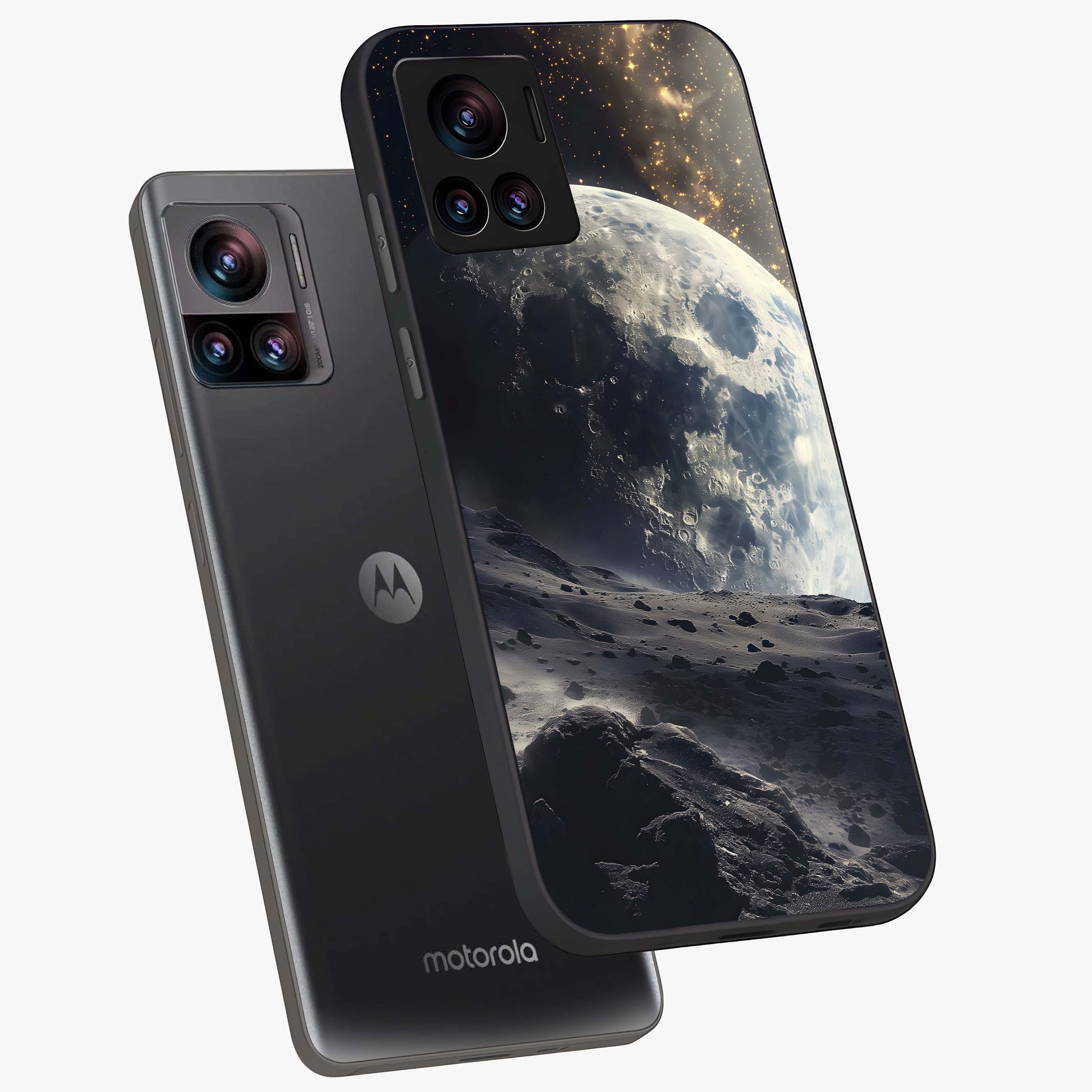 Lunar Horizon Glow Glass Case displayed in angled mockup highlighting celestial moon design with dreamy night aesthetic.