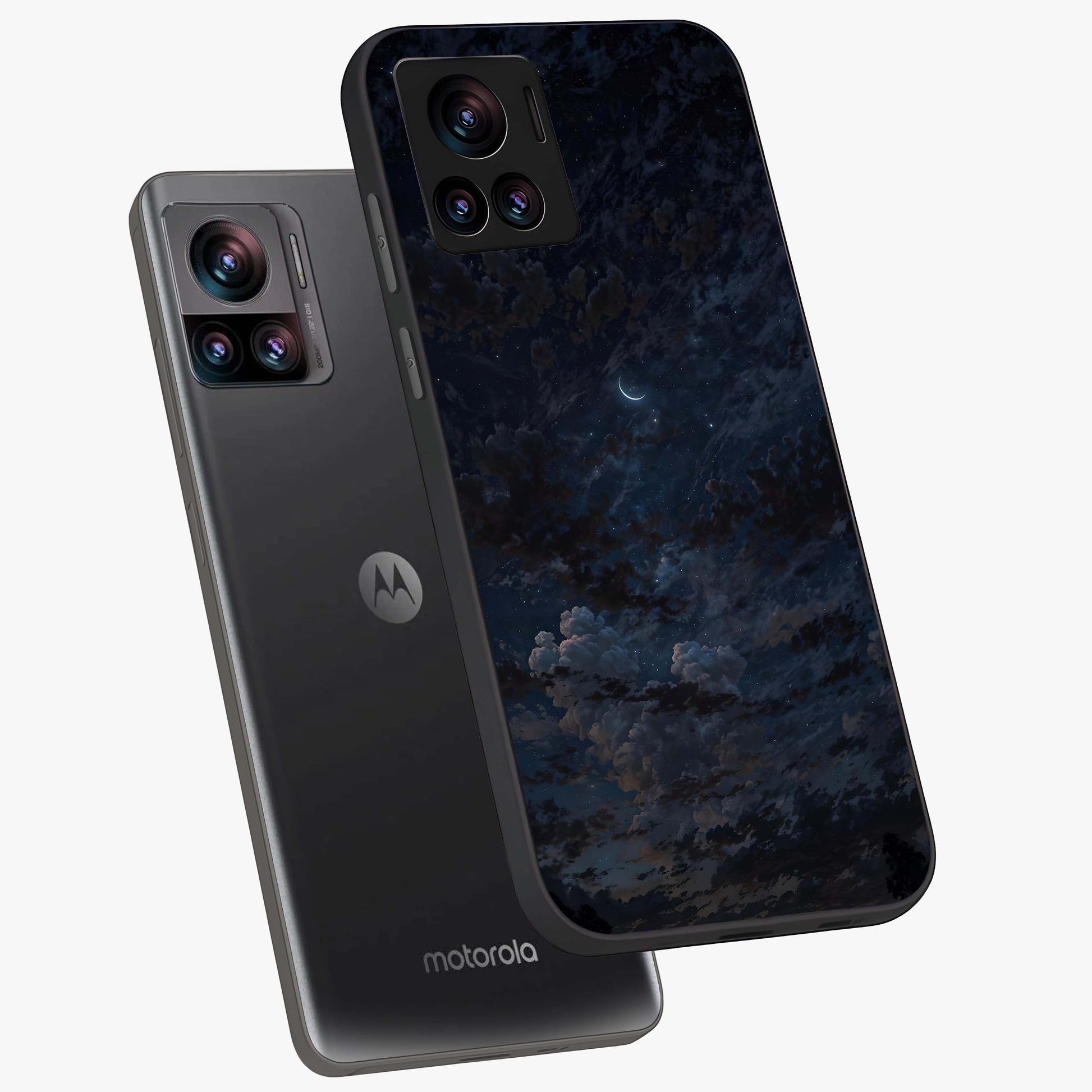 Lunar Veil Silence Glass Case displayed in angled mockup highlighting soft lunar design with peaceful celestial aesthetic.