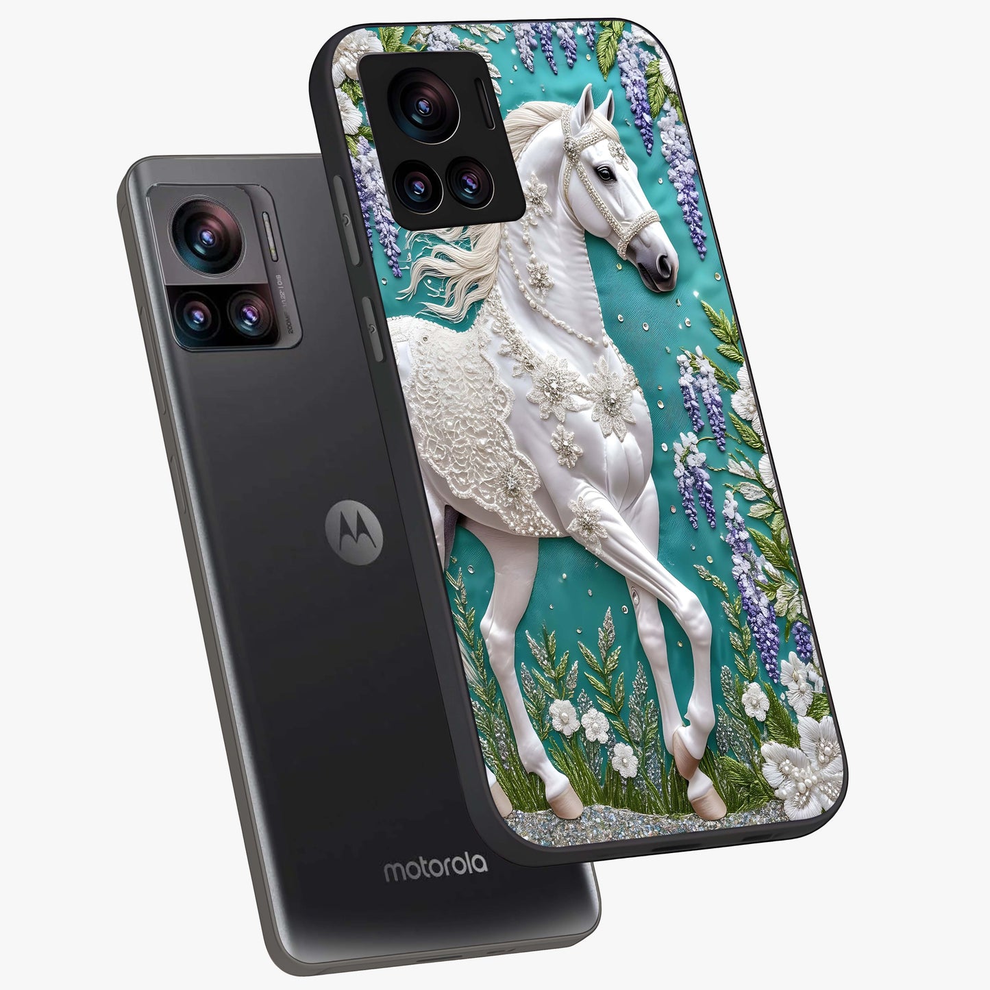 Majestic Floral Stallion Glass Case displayed in angled mockup highlighting majestic stallion illustration with elegant floral aesthetic.