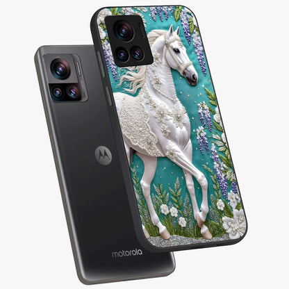 Majestic Floral Stallion Glass Case displayed in angled mockup highlighting majestic stallion illustration with elegant floral aesthetic.