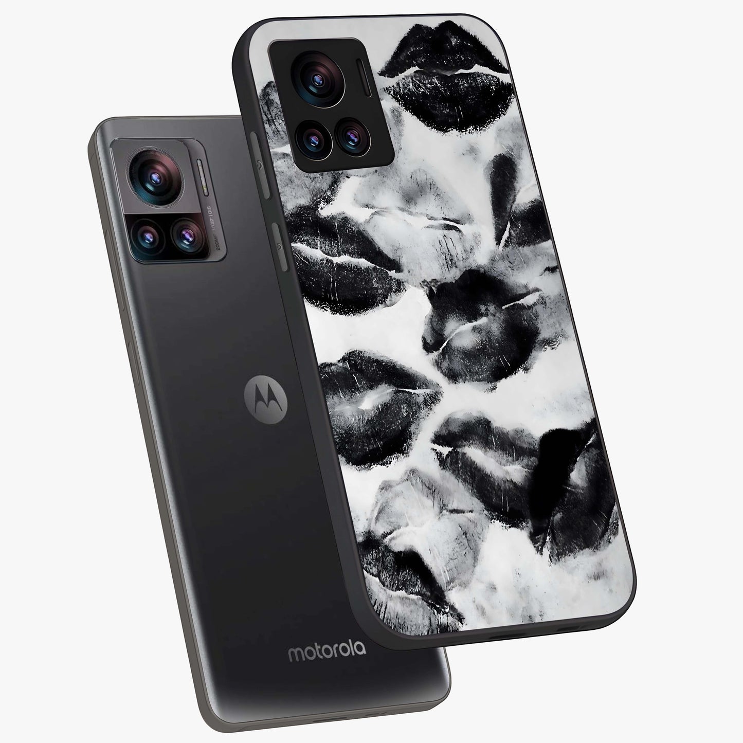 Midnight Kiss Marks Glass Case displayed in angled mockup highlighting playful romantic design with bold midnight aesthetic.