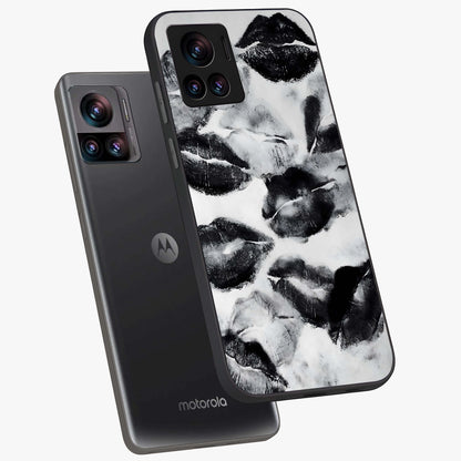Midnight Kiss Marks Glass Case displayed in angled mockup highlighting playful romantic design with bold midnight aesthetic.