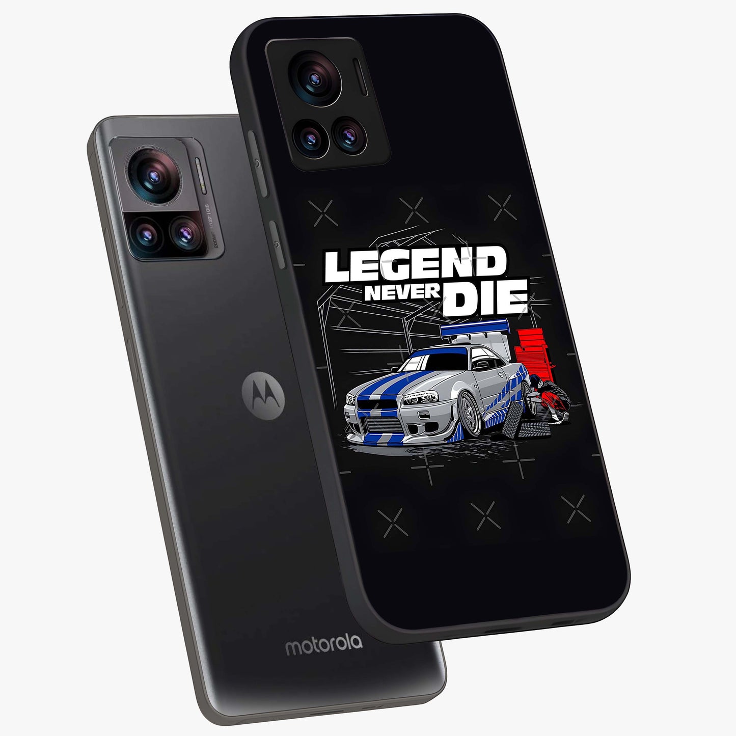 Midnight Racing Legacy Glass Case displayed in angled mockup highlighting dynamic automotive design with bold midnight aesthetic.