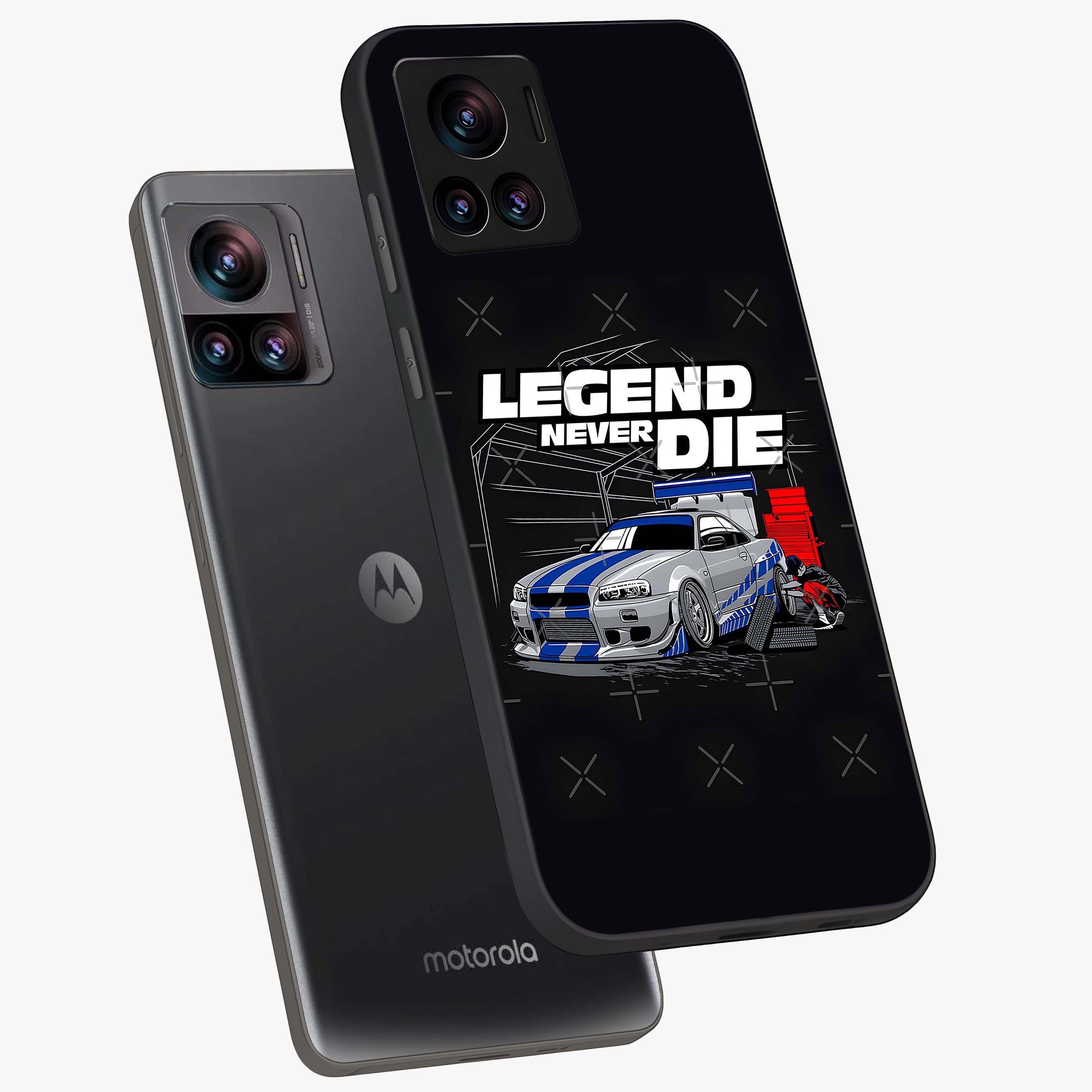 Midnight Racing Legacy Glass Case displayed in angled mockup highlighting dynamic automotive design with bold midnight aesthetic.