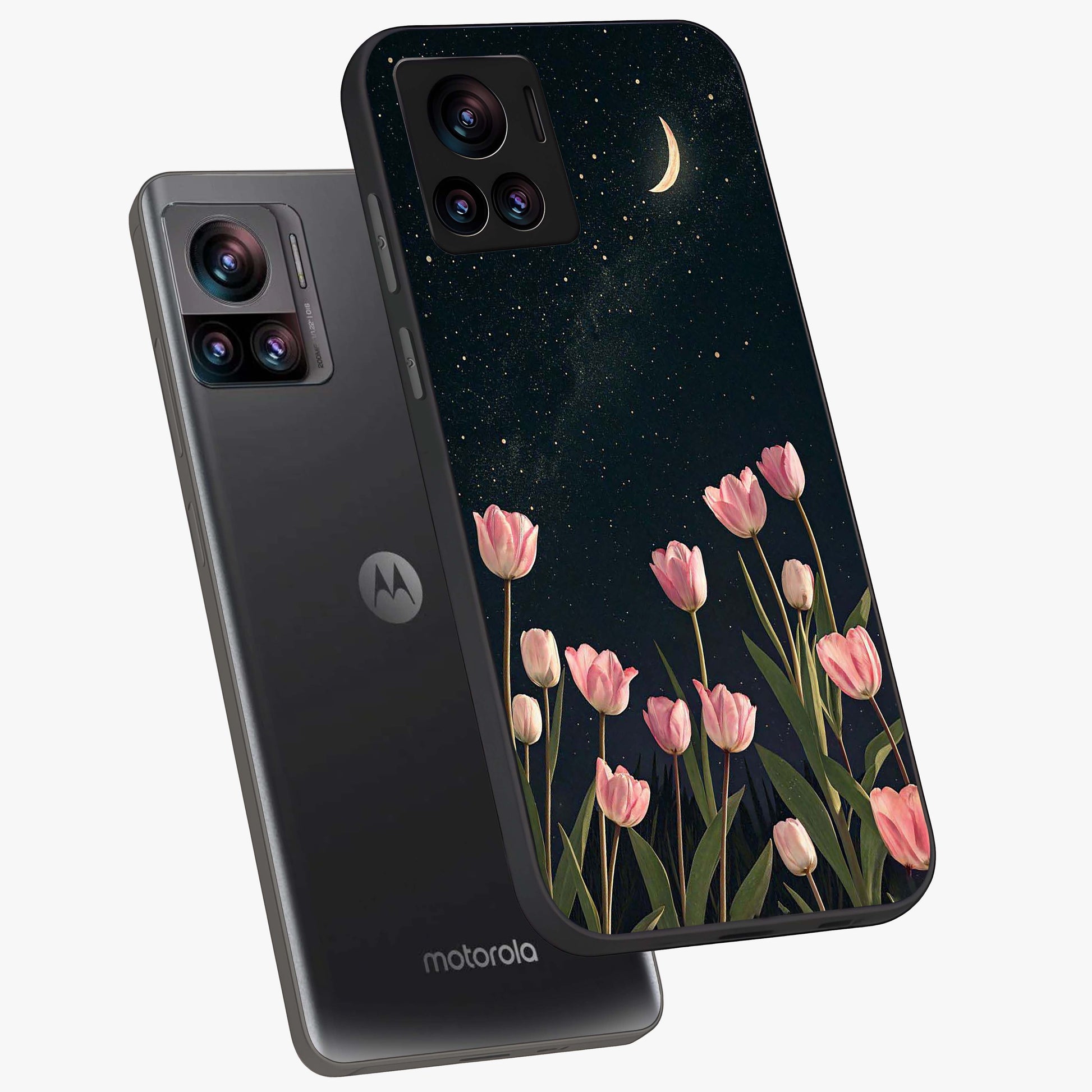 Midnight Tulip Whispers Vibe Glass Case displayed in angled mockup highlighting delicate tulip design with midnight floral aesthetic.