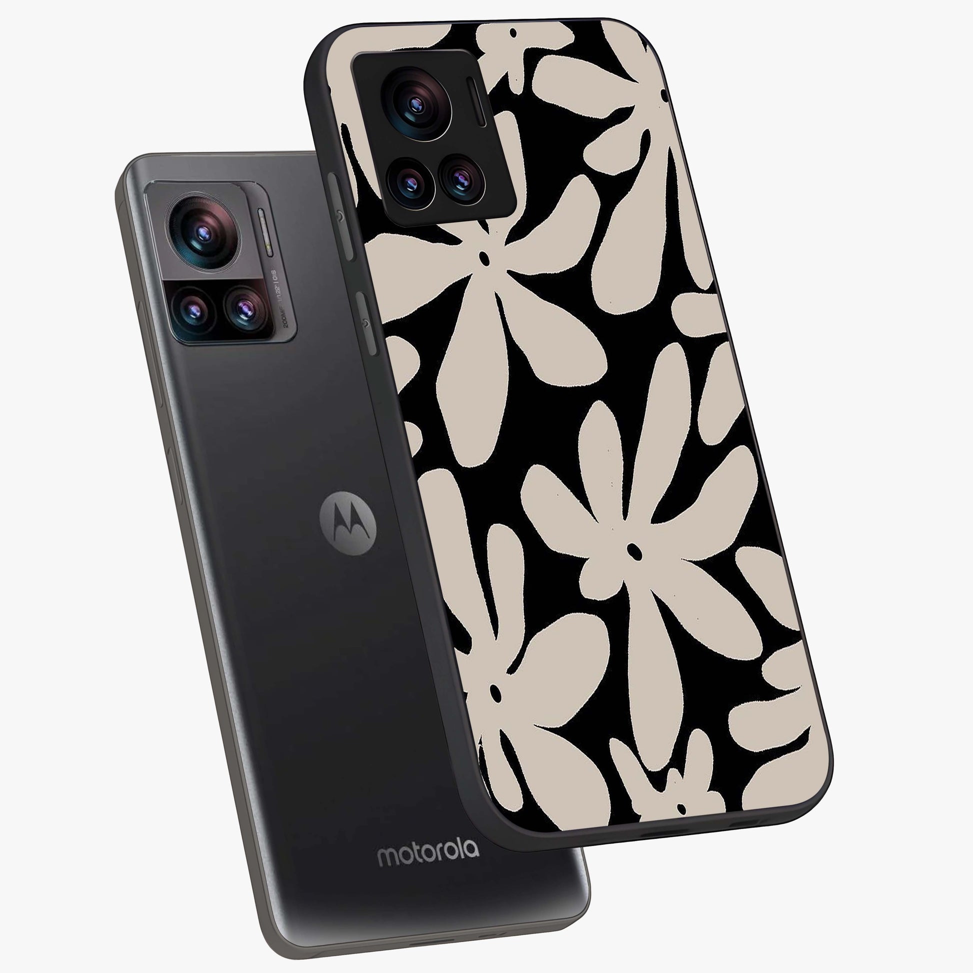 Monochrome Petal Dance Glass Case displayed in angled mockup highlighting elegant petal design with black and white aesthetic.