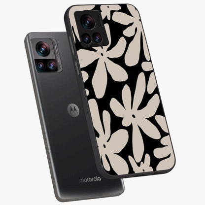 Monochrome Petal Dance Glass Case displayed in angled mockup highlighting elegant petal design with black and white aesthetic.