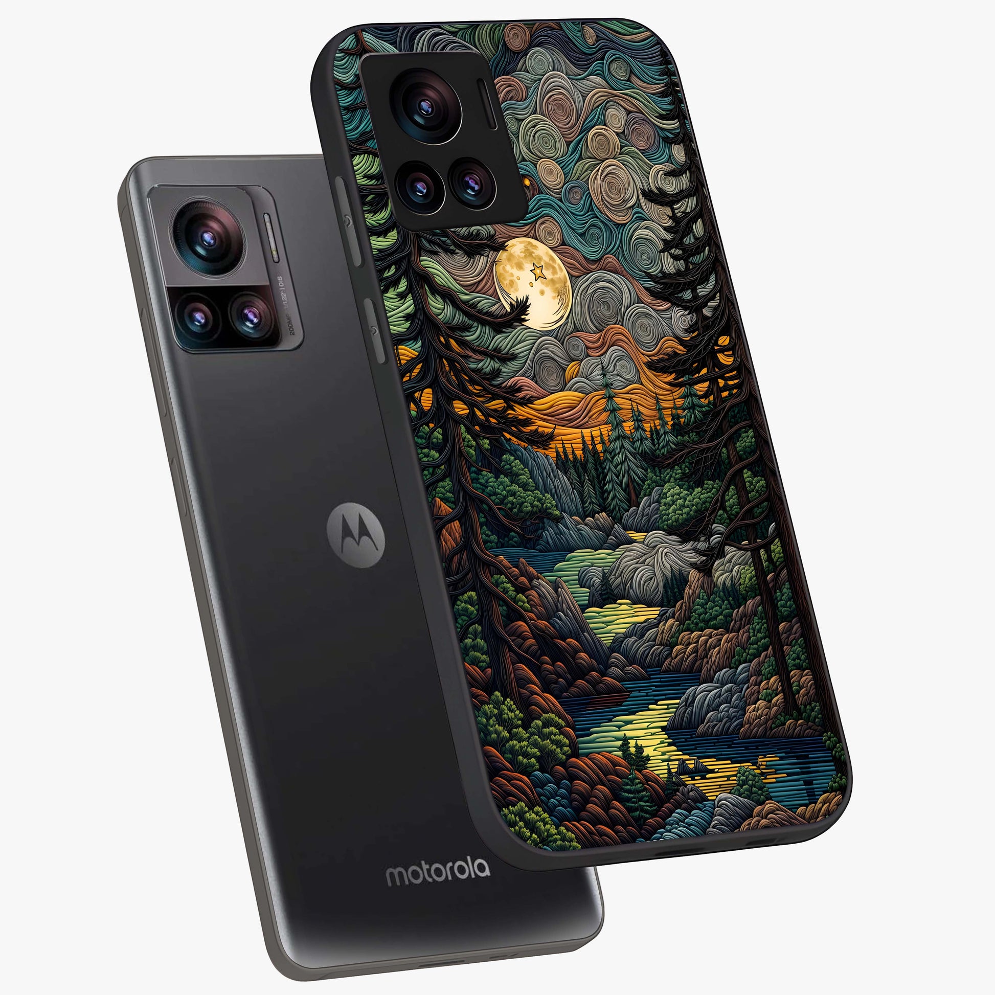 Moonlight Forest Dream Glass Case displayed in angled mockup highlighting dreamy forest design with glowing moon aesthetic.