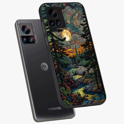 Moonlight Forest Dream Glass Case displayed in angled mockup highlighting dreamy forest design with glowing moon aesthetic.
