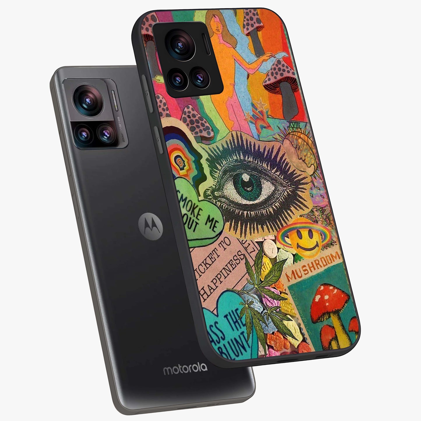 Mystic Eye Wonderland Glass Case displayed in angled mockup highlighting magical eye illustration with dreamy aesthetic.