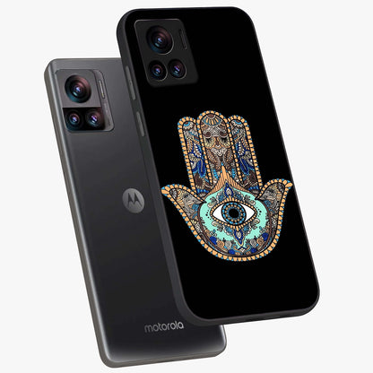 Mystic Hamsa Eye Glass Case displayed in angled mockup highlighting spiritual hamsa symbol with mystical aesthetic style.