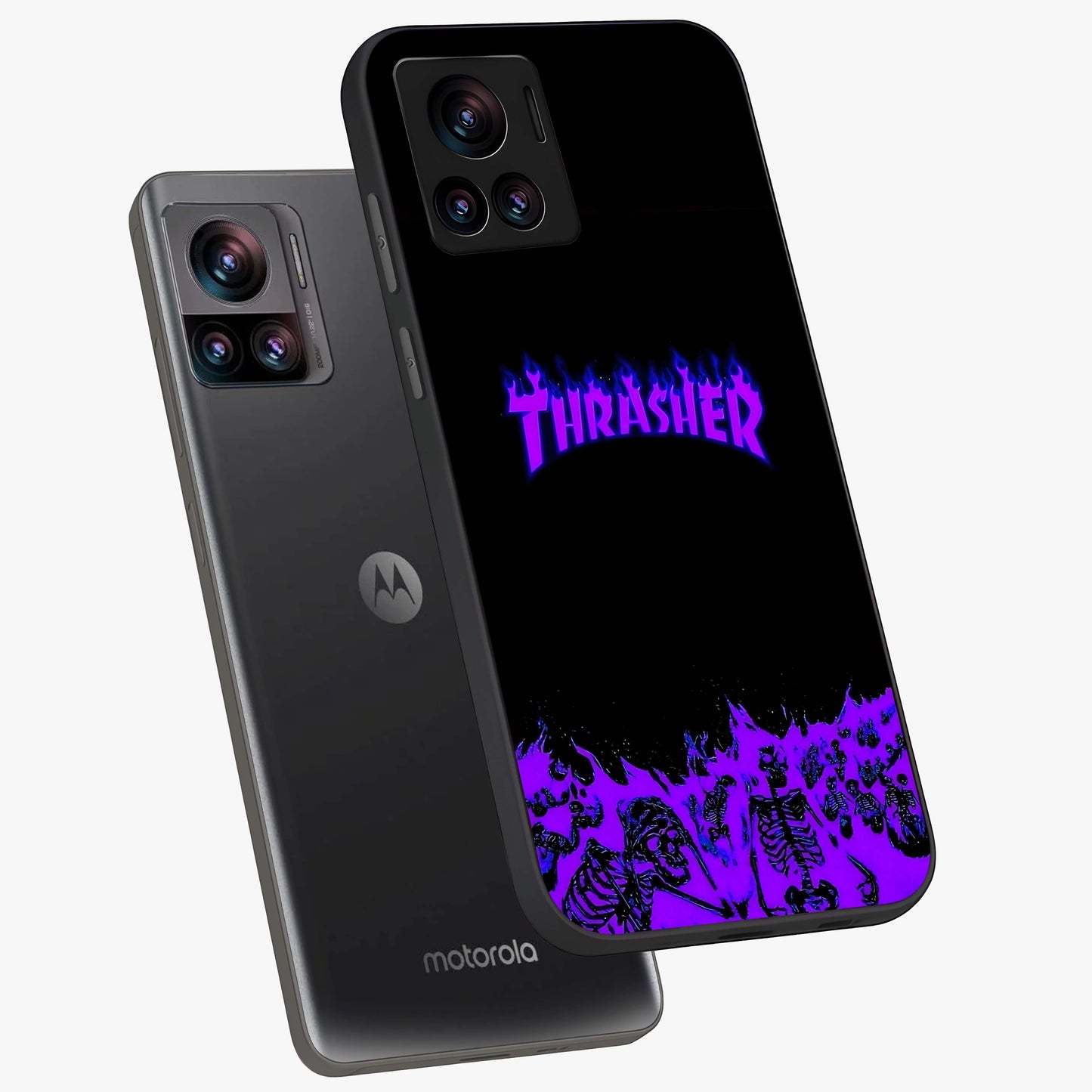 Neon Flame Riot Glass Case displayed in angled mockup highlighting glowing flame design with vibrant neon aesthetic.