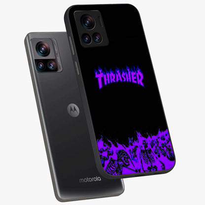 Neon Flame Riot Glass Case displayed in angled mockup highlighting glowing flame design with vibrant neon aesthetic.