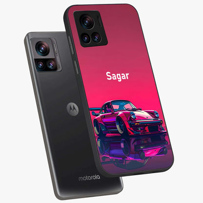 Neon Pink Porsche Glass Case displayed in angled mockup highlighting sleek neon pink car design with racing aesthetic.