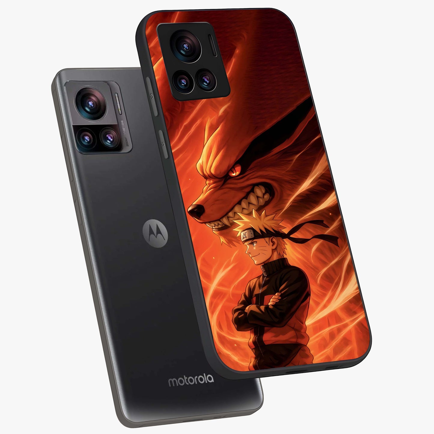Nine Tails Legacy Glass Case displayed in angled mockup highlighting dynamic anime beast illustration with bold mystical aesthetic.