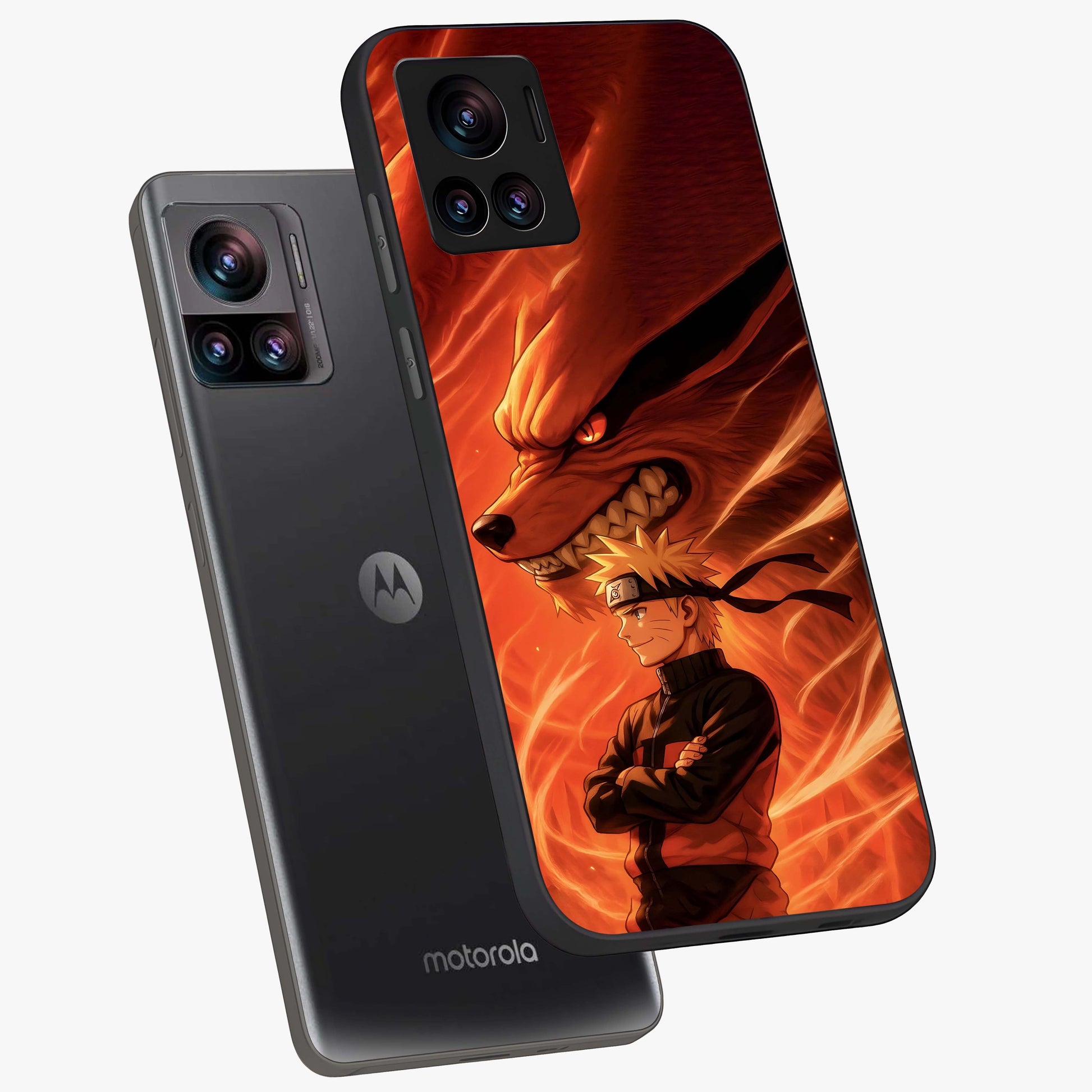 Nine Tails Legacy Glass Case displayed in angled mockup highlighting dynamic anime beast illustration with bold mystical aesthetic.