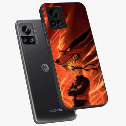 Nine Tails Legacy Glass Case displayed in angled mockup highlighting dynamic anime beast illustration with bold mystical aesthetic.