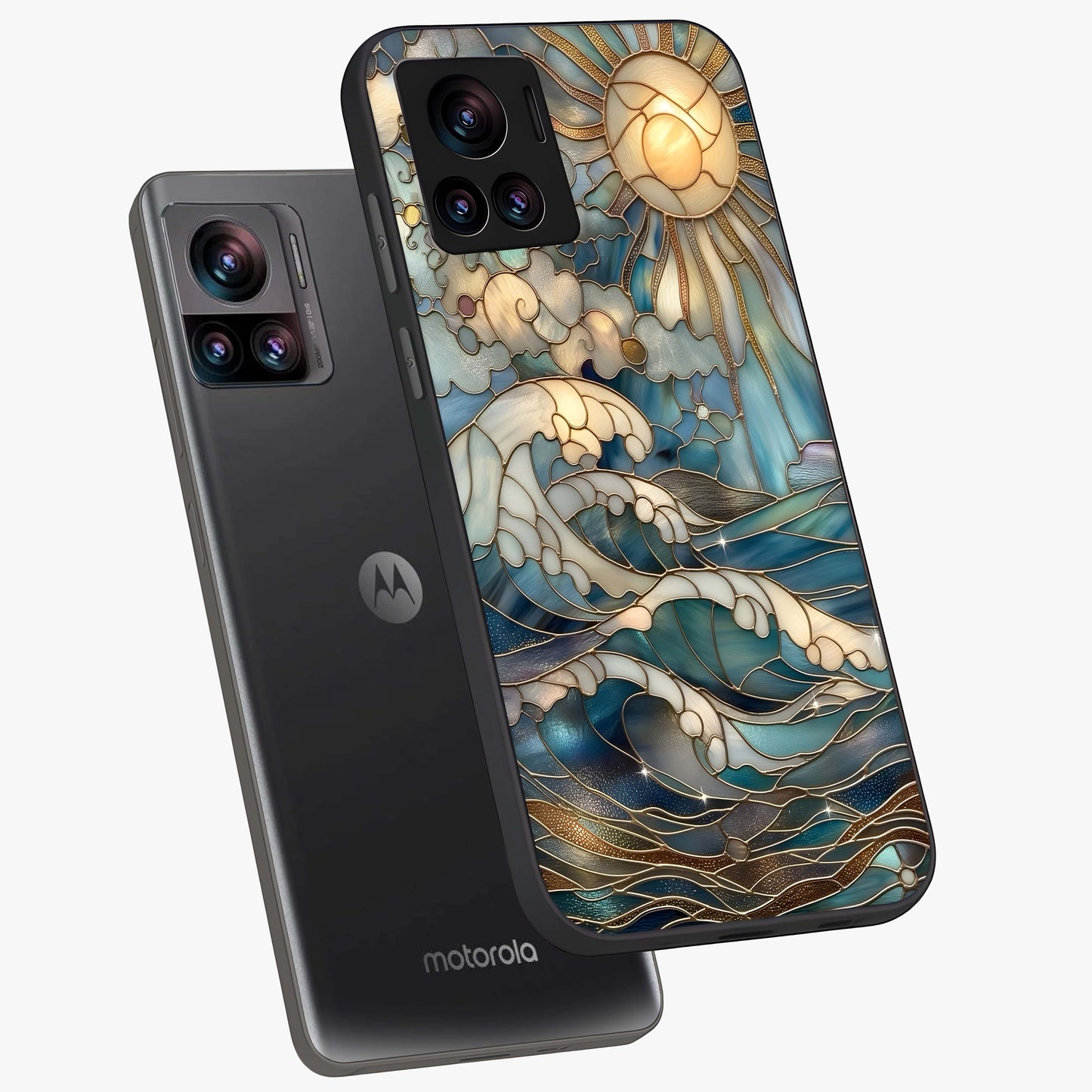 Oceanic Stained Printed Glass Case displayed in angled mockup highlighting colorful aquatic design with artistic aesthetic style.