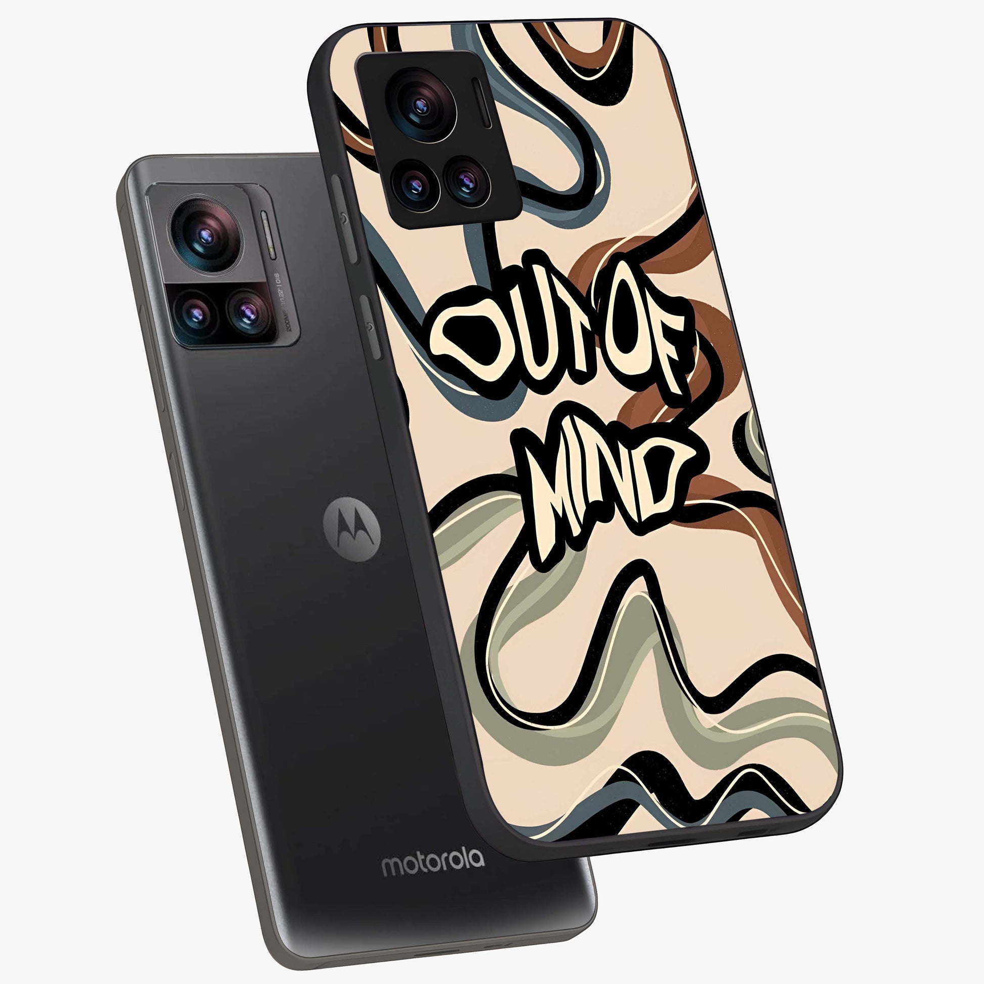 Out Of Mind Glass Case displayed in angled mockup highlighting bold statement design with modern artistic aesthetic.