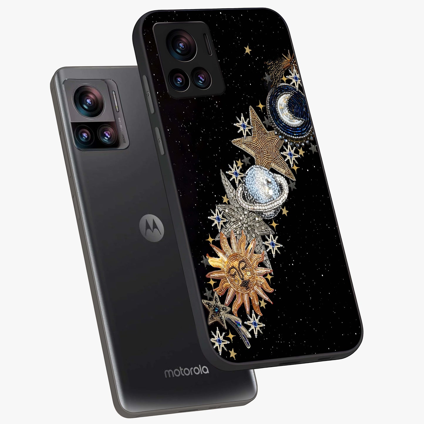Pearls Universe Object Glass Case displayed in angled mockup highlighting celestial pearl design with dreamy aesthetic.