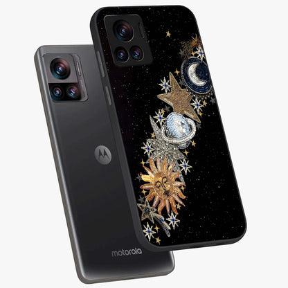 Pearls Universe Object Glass Case displayed in angled mockup highlighting celestial pearl design with dreamy aesthetic.