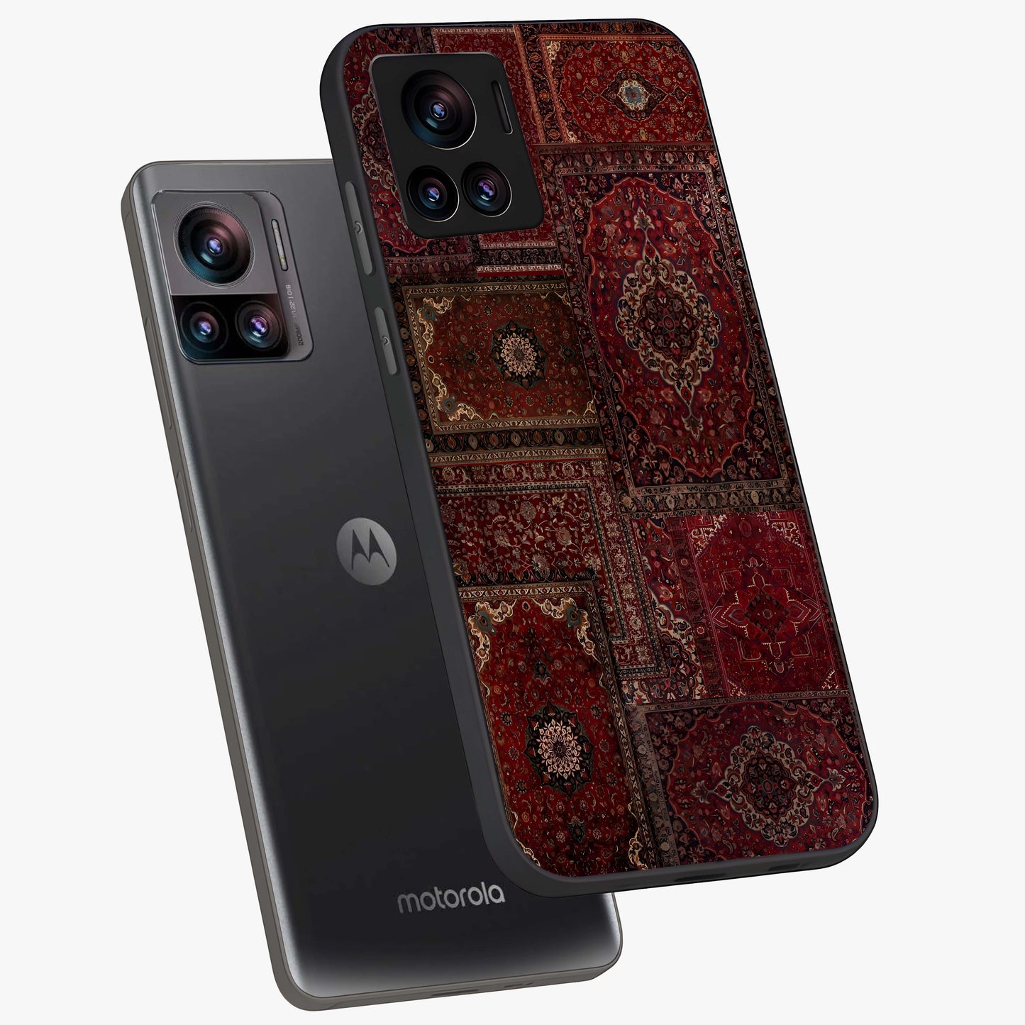Persian Velvet Tale Glass Case displayed in angled mockup highlighting ornate textile inspired design with royal aesthetic.