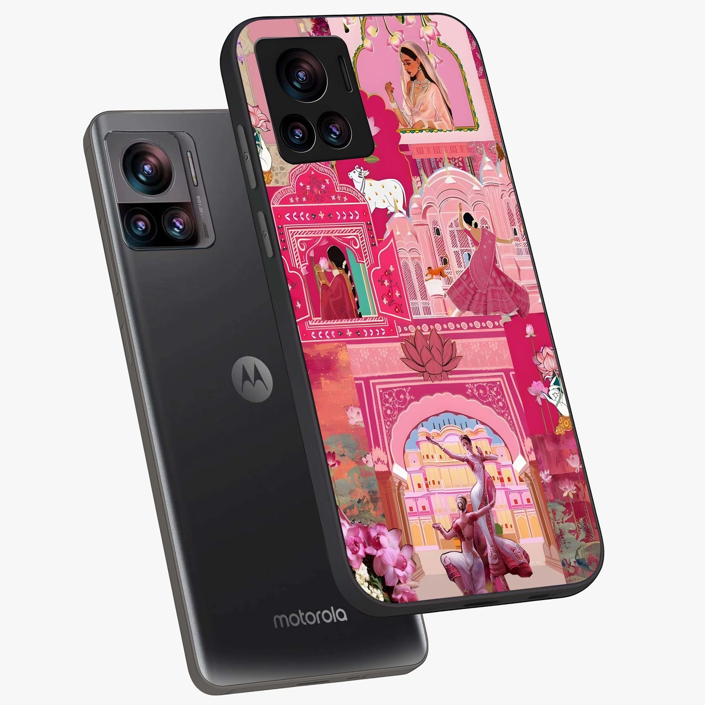 Pink Palace Muse Glass Case displayed in angled mockup highlighting dreamy palace illustration with soft pink aesthetic.